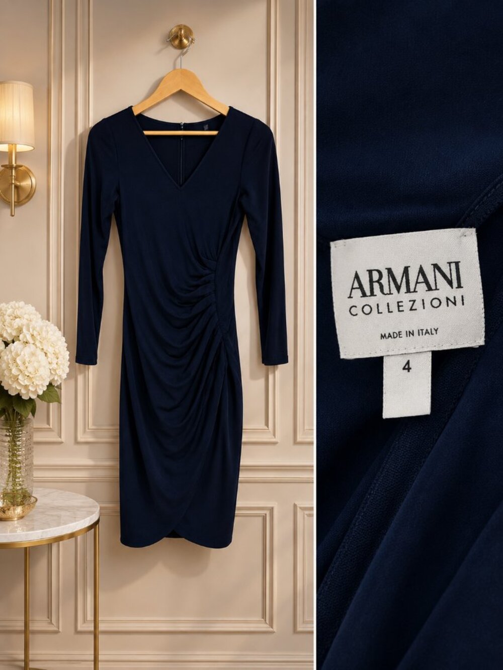 Armani Collezioni Made in Italy Navy Ruched Draped V-Neck Dress Size 4